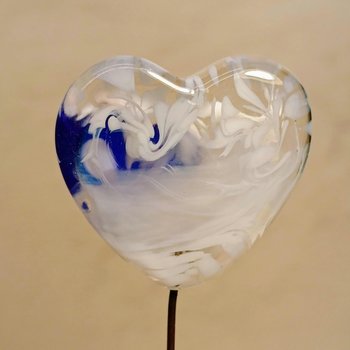 Glass Heart: White Swirls/Blue Heart on 5in wire. Use for floral bouquet, plants, jewelry, gifts; each unique Measures 3/4in x 3/4in