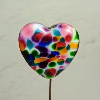 Glass Heart Plant Pick: TieDye Rainbow, Heart on 5in wire. Use for floral bouquet, plants, jewelry, wedding gifts each unique Measures 3/4in