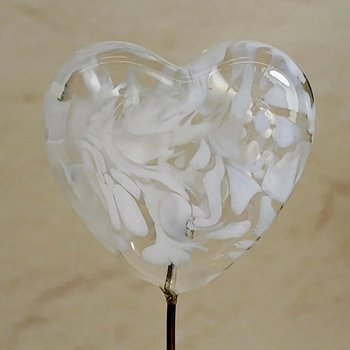 Glass Heart: White Swirl w/Red Heart, Heart on 5in wire. Use for floral bouquet, plants, jewelry, gifts; each unique Measures 3/4in x 3/4in