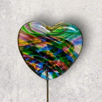 Glass Heart Prism Kaleidoscope Rainbow Heart on 5in wire. Use for floral bouquet, plants, jewelry, gifts; each unique Measures 3/4in x 3/4in