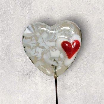 Glass Heart: White Swirl w/Red Heart, Heart on 5in wire. Use for floral bouquet, plants, jewelry, gifts; each unique Measures 3/4in x 3/4in