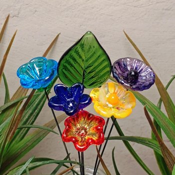 Lil' Somethin' Glass Flower Bouquet; 5 glass flowers + 1 leaf;tiny mini small glass flowers in a bouquet; gift, coworker, love, just because