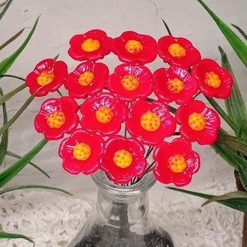 Red Embers Opaque UV Reactive - glass flowers on wire mini small tiny glass flowers; individually crafted lampwork, 395nm glows orange in UV