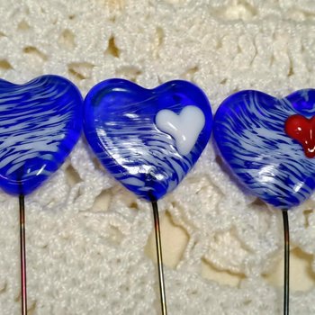 Glass Heart Plant Pick: Blue White Swirl Heart on 5in wire. Use for floral bouquet, plants, jewelry, gifts; each handmade, Measures 3/4in