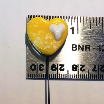Glass Heart Plant Pick Bright Yellow w/ white heart on 5in wire. Use for floral bouquet, wedding, cake decor, plants, jewelry, gifts; 3/4in
