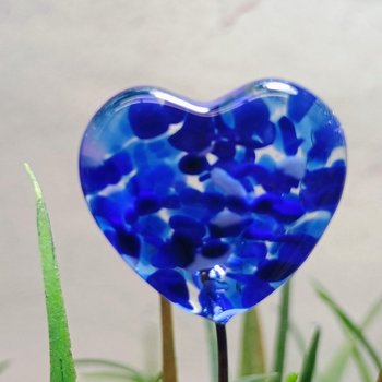 Glass Heart Plant Pick, Dark Blue Mix on clear 5in wire. Use for floral bouquet, wedding, cake decor, plants, jewelry, gifts; handmade 3/4in