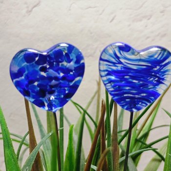 Glass Heart Plant Pick, Dark Blue Mix on clear 5in wire. Use for floral bouquet, wedding, cake decor, plants, jewelry, gifts; handmade 3/4in