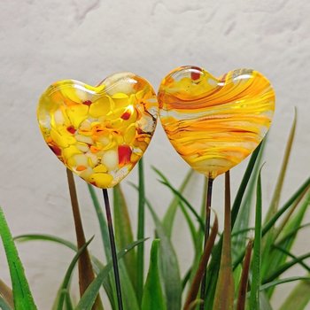 Glass Heart Yellow SunSprinkles Plant Pick on 5in wire. Floral bouquet, plants, jewelry, wedding cake, table decor, gifts; each unique 3/4in