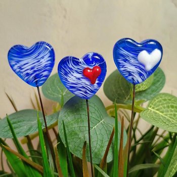 Glass Heart Plant Pick: Blue White Swirl Heart on 5in wire. Use for floral bouquet, plants, jewelry, gifts; each handmade, Measures 3/4in