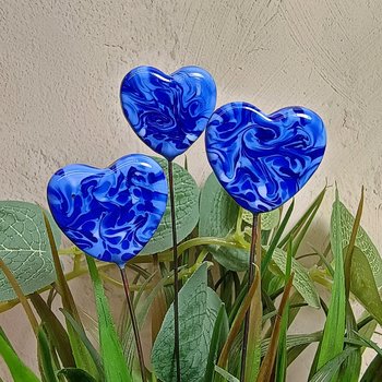 Glass Heart Plant Pick: Blue/Blue Swirl, Heart on 5in wire. Use for floral bouquet, plants, jewelry, gifts; each unique handmade, 3/4in