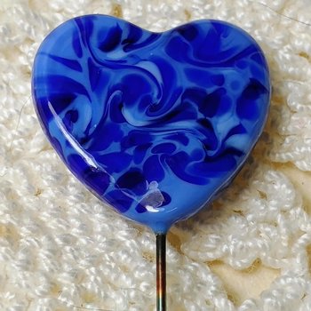 Glass Heart Plant Pick: Blue/Blue Swirl, Heart on 5in wire. Use for floral bouquet, plants, jewelry, gifts; each unique handmade, 3/4in