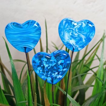Glass Heart Plant Pick: Aqua and White, Heart on 5in wire. Use for floral bouquet, plants, jewelry, gifts; each unique handmade, 3/4in