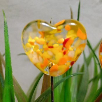 Glass Heart Yellow SunSprinkles Plant Pick on 5in wire. Floral bouquet, plants, jewelry, wedding cake, table decor, gifts; each unique 3/4in