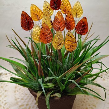 Amber Glass Leaves variety of ambers, fall autumn leaf on 5" wire; each unique; pendant, jewelry, bouquet, plants, wedding, mixed media