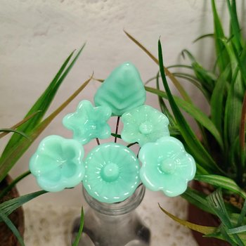 Jadeite Green Glass Flower Bouquet; set/12 tiny small mini glass flowers; handcrafted lampwork flowers vintage on 5inch stainless steel wire