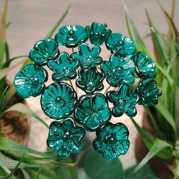 Dark Seagreen Teal glass flowers on wire, tiny small mini handcrafted lampwork, jewelry, mixed media, wedding, cake decor, small great gift