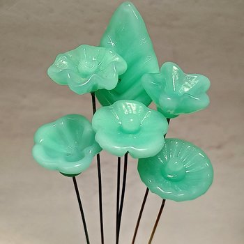 Jadeite Green Opalino glass flower, tiny small miniature glass flowers on wire; handcraft lampwork, great for jewelry, wedding, cakes, curio