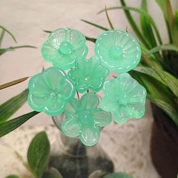 Limited Supply: Translucent Jadeite Green Opalino glass flower, tiny small miniature glass flowers on wire; lampwork jadeite curio gift