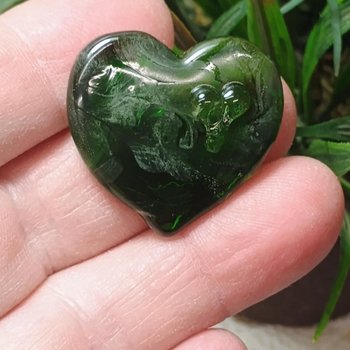 My Green Heart Glows! Uranium Large Heart 1.125" (25mm) sage green glass with uranium swirls; this pocket heart is perfect for gift or curio