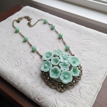 Jadeite Green Opalino glass flower, tiny small miniature glass flowers on wire; handcraft lampwork, great for jewelry, wedding, cakes, curio