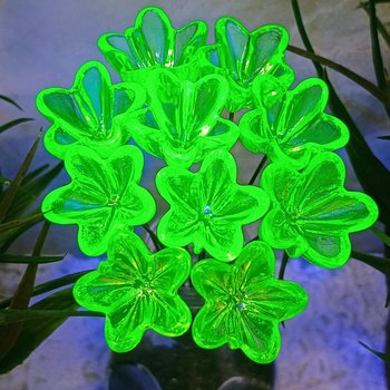 NEW! Uranium glass flower, large Starflower 20mm on 5in wire. Use in floral bouquet, plant pick, jewelry, gifts; bright glow 395nm