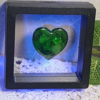 My Green Heart Glows! Uranium Large Heart 1.125" (25mm) sage green glass with uranium swirls; this pocket heart is perfect for gift or curio