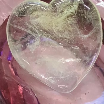 My Wispy Heart Glows! Uranium Large Heart  1" (25mm) clear glass with uranium swirls; This pocket heart is perfect for gift or curio display