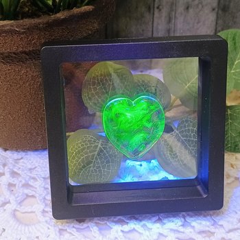 My Wispy Heart Glows! Uranium Large Heart  1" (25mm) clear glass with uranium swirls; This pocket heart is perfect for gift or curio display