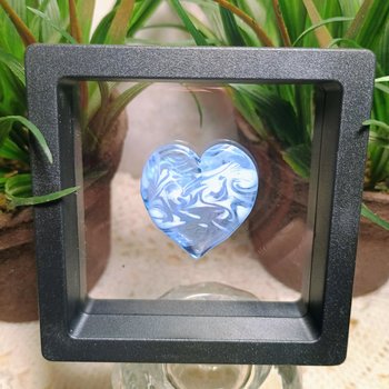 Glass Heart UV Blue Glow in 395uv; Large Heart 1.1/16" (31mm) blue glow glass with white swirls; wirewrapping, jewelry, pocket heart, gift