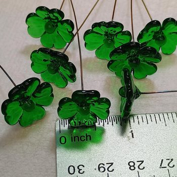 Glass 4 leaf Clover Shamrock, Luck of the Irish, kelly green handblown lampwork plant pick on 5in wire. bouquet, Irish gift, approx 3/4inch
