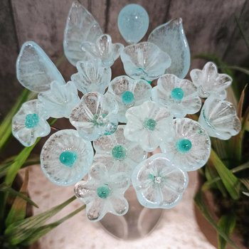 New! SOFT AQUA GLOW uv reactive glass flowers; miniature tiny small glass flowers on wire; handcrafted lampwork; bright aqua glow in 395nm