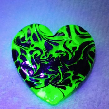 Uranium Vaseline Glass Heart Black Swirl;  Large Heart 1.25" (30mm)  glass with black swirls; plant pick gift pocket heart, curio, wirewrap