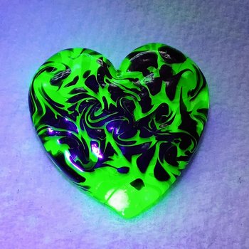 Uranium Vaseline Glass Heart Black Swirl;  Large Heart 1.25" (30mm)  glass with black swirls; plant pick gift pocket heart, curio, wirewrap