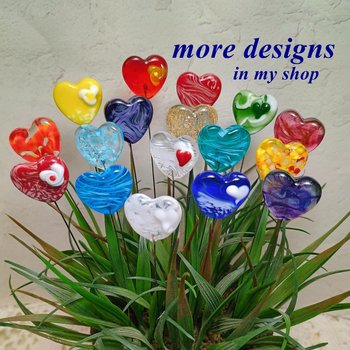 Custom Made Glass Heart Plant Pick for small floral bouquet, 3/4"x5in wire; handcraft lampwork, jewelry, gift, curio, windowsill, small vase