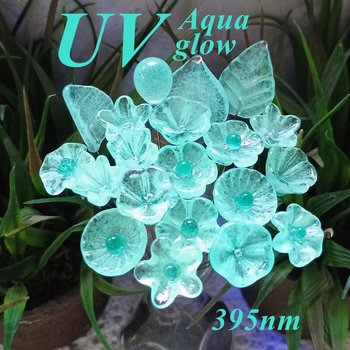 New! SOFT AQUA GLOW uv reactive glass flowers; miniature tiny small glass flowers on wire; handcrafted lampwork; bright aqua glow in 395nm