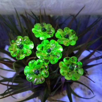 Uranium Glass 4 leaf Clover Shamrock, Luck of the Irish, mixed green handmade lampwork plant pick on 5in wire. Bouquet, Irish gift, 395nm