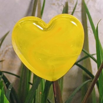 Glass Heart Plant Pick, Yellow Sunshine Summer 5in wire. Use for floral bouquet, wedding, cake decor, plants, jewelry, gifts; handmade 3/4in