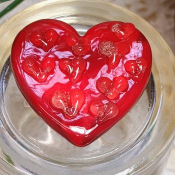 Red Glass + Uranium Vaseline Hearts; Hidden small uranium hearts with bubbles appear in UV light,  LG Heart 1.25" (30mm) Valentine's Love