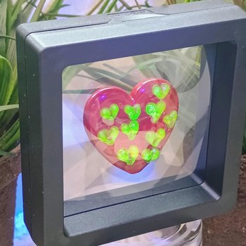 Red Glass + Uranium Vaseline Hearts; Hidden small uranium hearts with bubbles appear in UV light,  LG Heart 1.25" (30mm) Valentine's Love