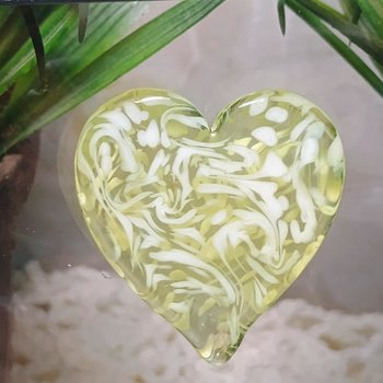 My Heart Glows! Uranium Large Heart 1.25" (30mm) vasoline glass with white victorian-lace swirls; wirewrapping, jewelry, pocket heart, gift,