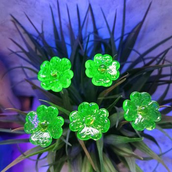 Uranium Glass 4 leaf Clover Shamrock, Luck of the Irish, green sprinkle frit; lampwork plant pick on 5in wire. Bouquet, Irish gift, 395nm