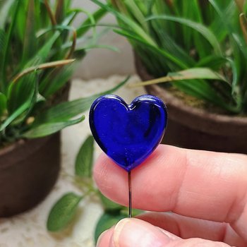 Cobalt Blue Glass Heart Plant Pick: heart on 5in wire. Use for floral bouquet, cake, plants, jewelry, gifts; each unique Measures 3/4in