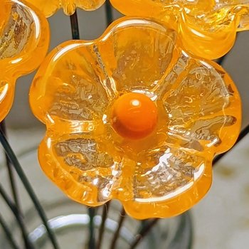 Tangerine glass flowers on wire headpins; juicy mix of clear and orange. Handcraft lampwork: jewelry, gifts, wedding, bouquets, mixed media