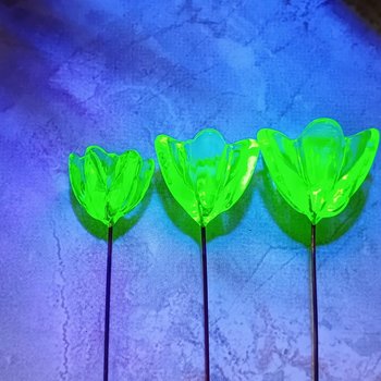 NEW!  Variety Set of 12+16+20mm Uranium Glass Flowers,  on 5in wire. Use in floral bouquet, plant pick, jewelry, gifts; bright glow 395nm