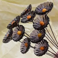Purple & Gold Coral Disk mini tiny small glass flowers on wire;handcrafted lampwork, alumni school spirit, jewelry, wedding, great gifts