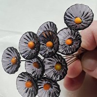 Purple & Gold Coral Disk mini tiny small glass flowers on wire;handcrafted lampwork, alumni school spirit, jewelry, wedding, great gifts
