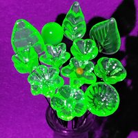 Uranium vasoline glass flowers on 5" wire, mini tiny small glass flowers leaves; handmade; bright green glow in 395uv vintage rare uranium