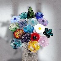 Deluxe BestSellers Bouquet mini glass flower/leaf bouquet with 17 flowers/leaf total tiny small glass flowers crafted lampwork, boho decor