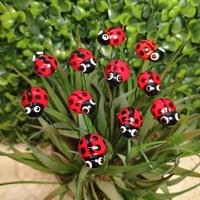 Glass ladybug floral plant pick on 5 inch stainless steel wire. Plant stake, plant pick, fairy garden, mini bug, gift; lampwork each unique
