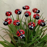 Glass ladybug floral plant pick on 5 inch stainless steel wire. Plant stake, plant pick, fairy garden, mini bug, gift; lampwork each unique